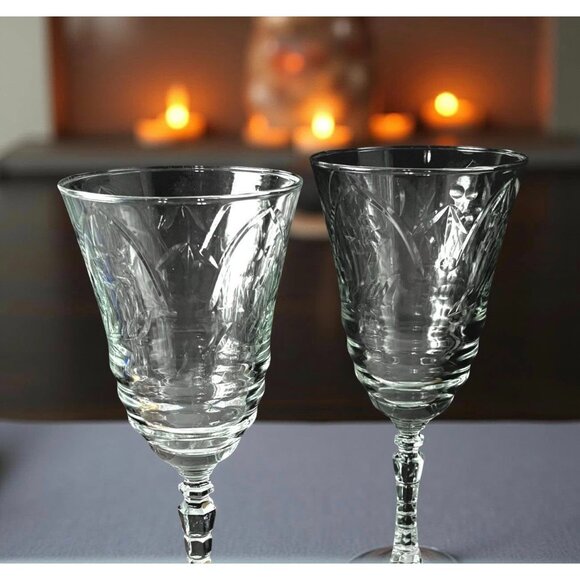 2 Vintage Wine Glasses Normandy Rock Sharpe Set Ornate Stems & Floral Elegant Dr - Picture 2 of 8